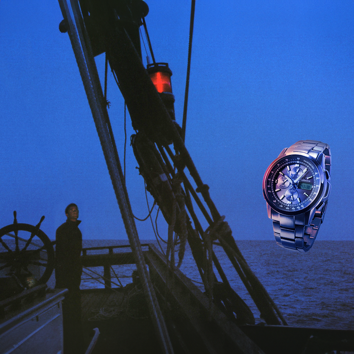 A person standing on a ship's deck at dusk or dawn, with the ocean in the background, and a large wristwatch digitally superimposed on the right side of the image.