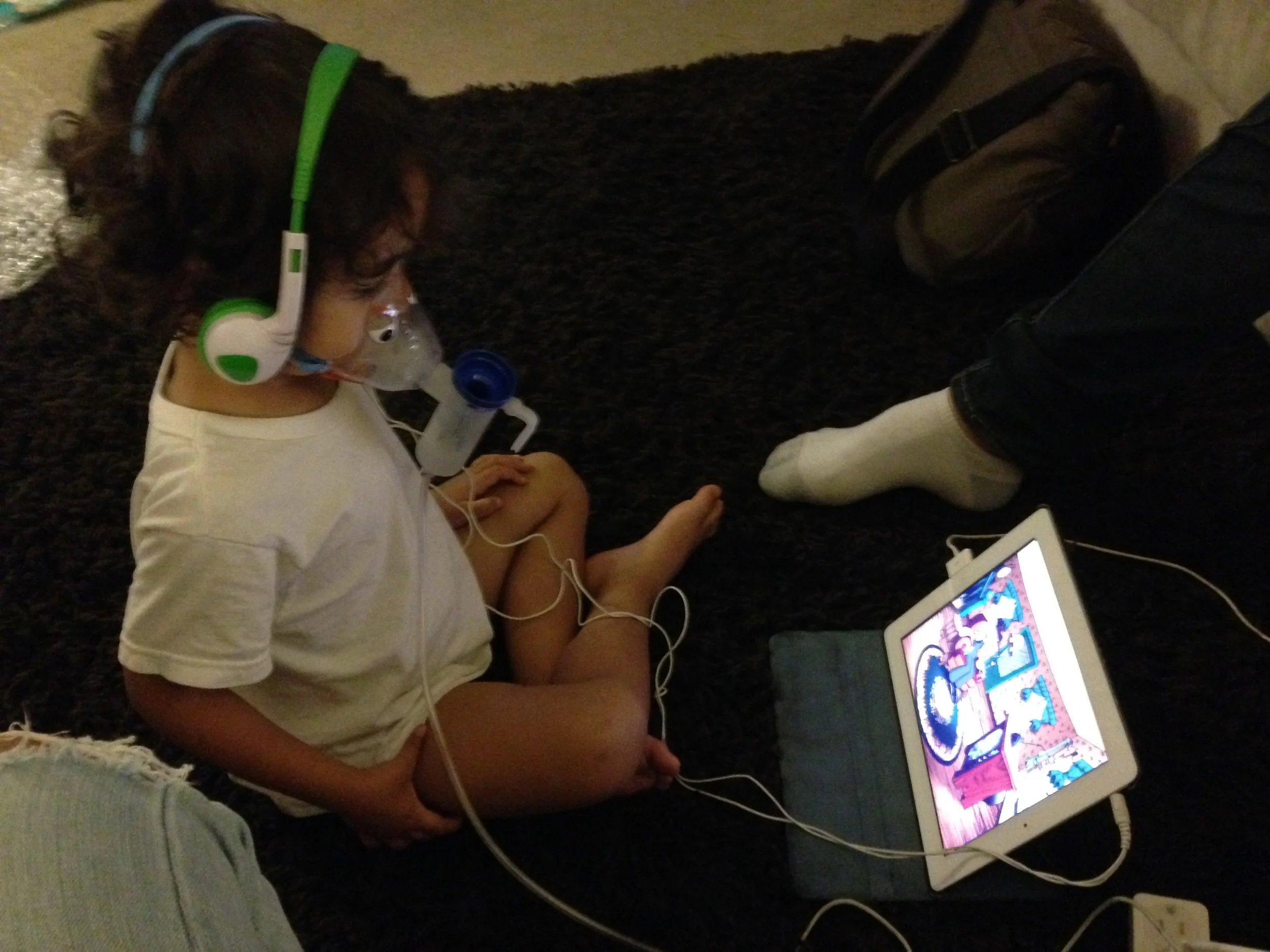 Each treatment took at least 20 minutes. We had to get creative to get the kids to do their full nebulizer treatments. This included whoever was getting his/her treatment got use of the iPad and once they were done with their treatment they got a chocolate "treat" aka leftover Valentines Day chocolate. 