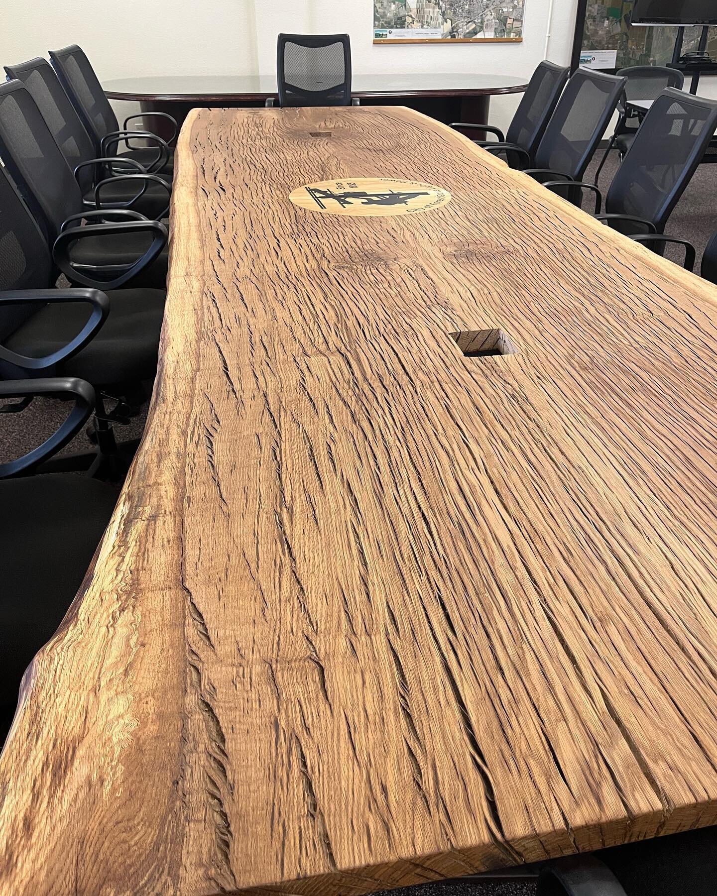 In the home stretch of this monster 16&rsquo; x 5&rsquo; white oak conference table. Final step will be a custom glass top to fit the live edge. This client provided their own material for the job that was donated from a downed tree. Incredible slabs