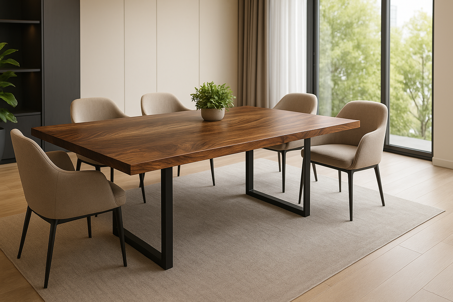 Walnut dining table in luxury dining room.
