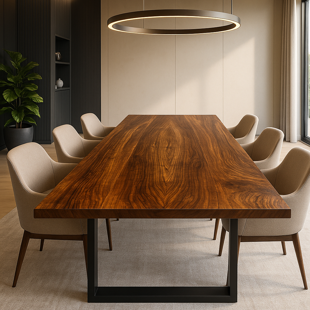 Walnut dining table in luxury dining room.