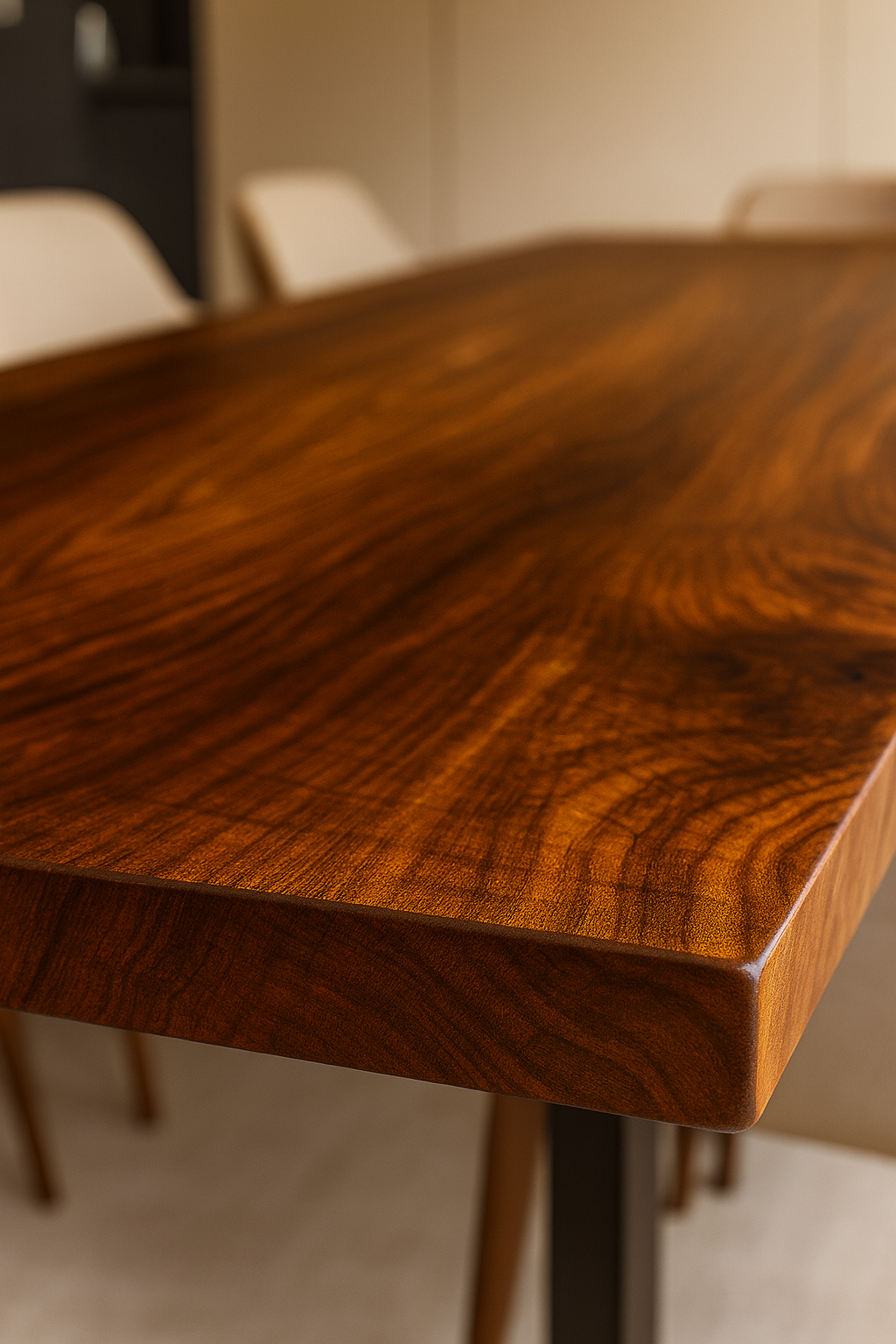 Walnut dining table in luxury dining room.