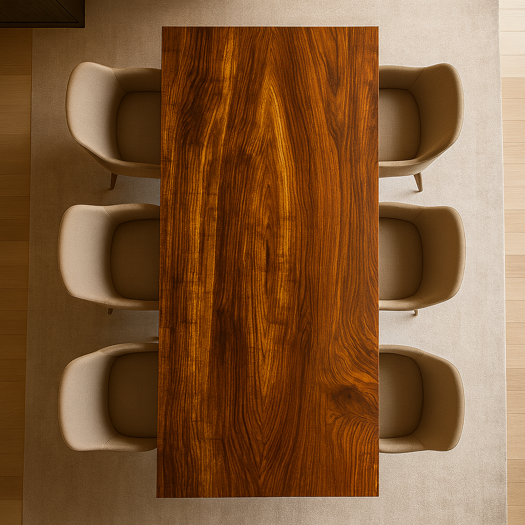 Walnut dining table in luxury dining room.