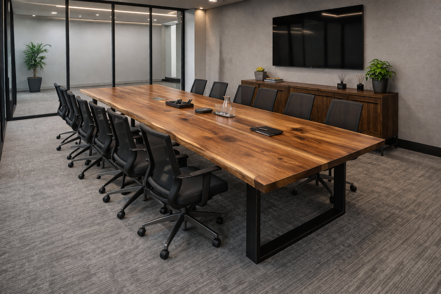 Live edge walnut conference table in an office