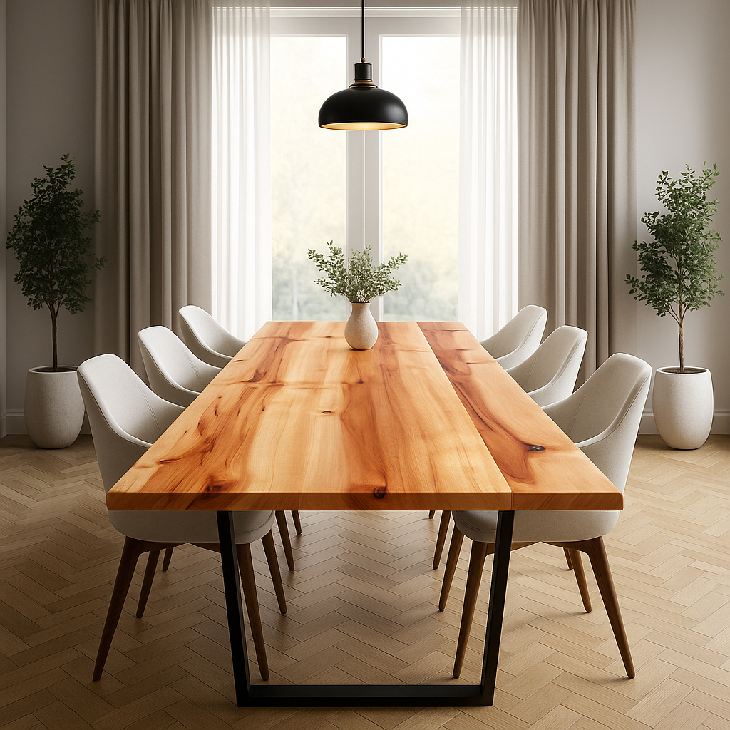 Custom madrone dining table with dramatic red streaks and figure, handcrafted by Stumptown Reclaimed in Portland Oregon