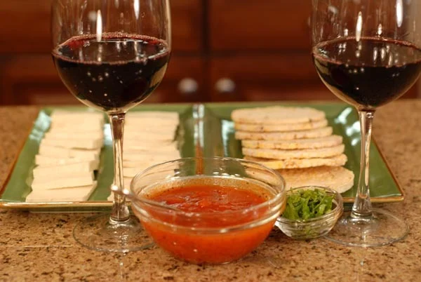 marinara tofu with rice cakes and red wine- jon and julieanna in the kitchen2.jpg