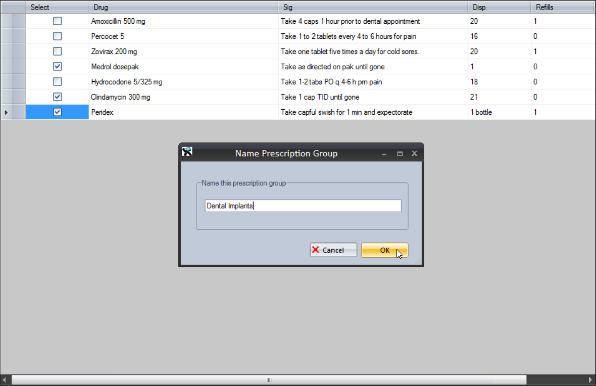 and click OK. Then add another prescription group or click 'OK' to close the window. To print a group prescription for a patient, select a patient and click 'Print grouped Rxs...' from the Anesthesia main menu. Select the grouped Rx you want to print, and click 'Print checked Rx Group'. Then select the location you want to print for (if you haven't set up multiple locations in Open Dental and EASy, the Default location will be the only one listed). When you select the location, the provider dropdown will automatically be populated with the appropriate provider for that location.