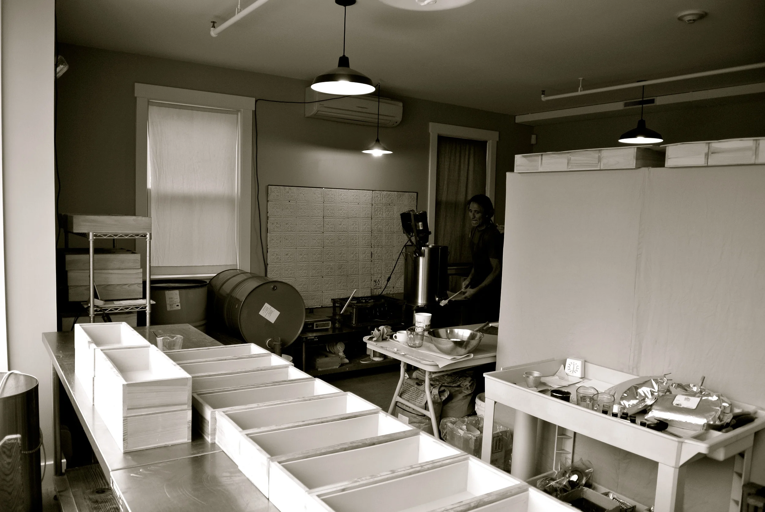 The factory with the soap molds on the table