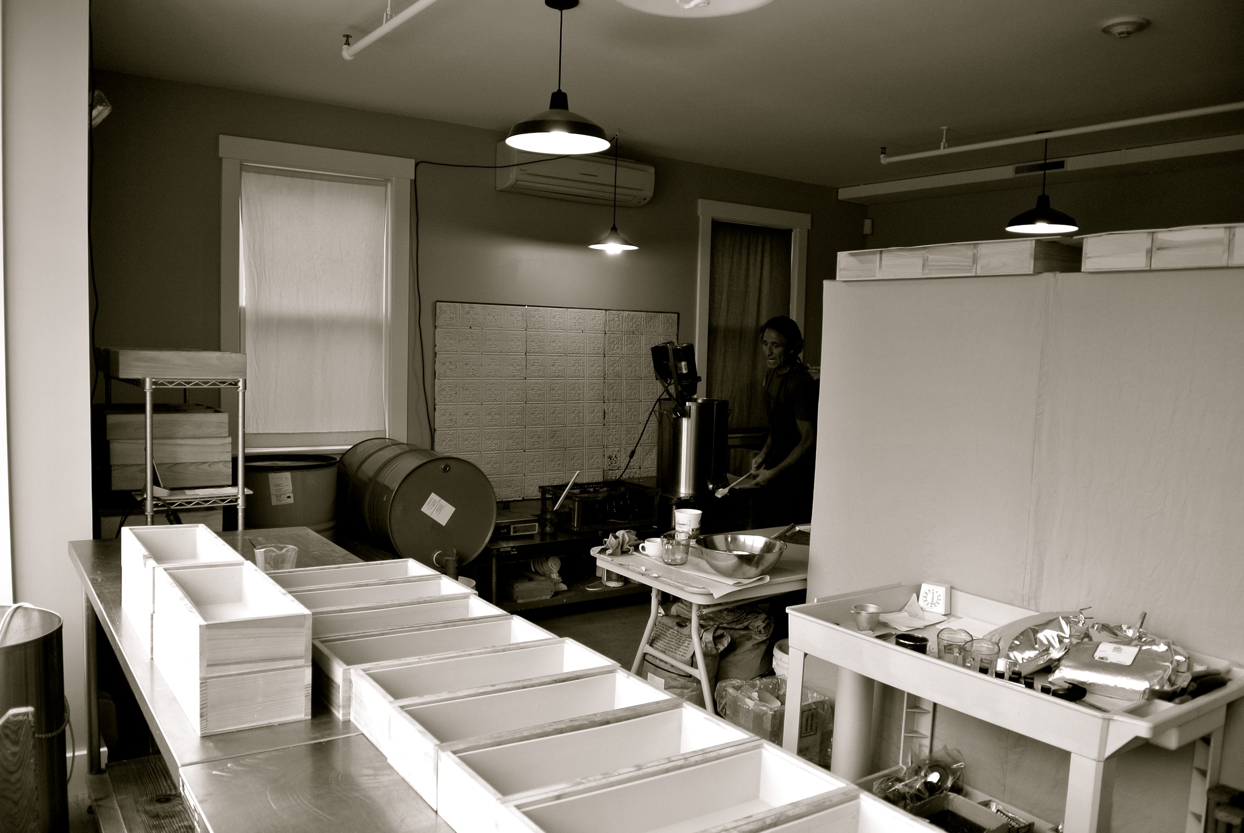 The factory with the soap molds on the table