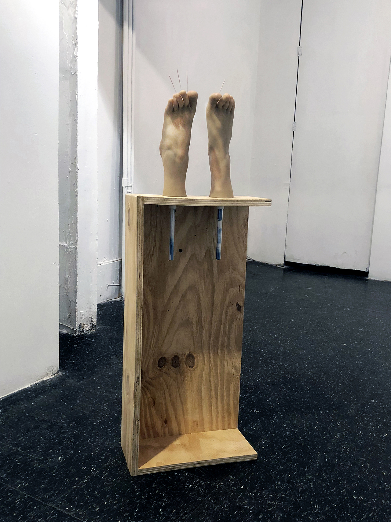 Maryam Jafri. Anxiety (2017). 12.5"x 6.75" x 40.5". wood, silicone feet, acupuncture needles, test tubes, paper