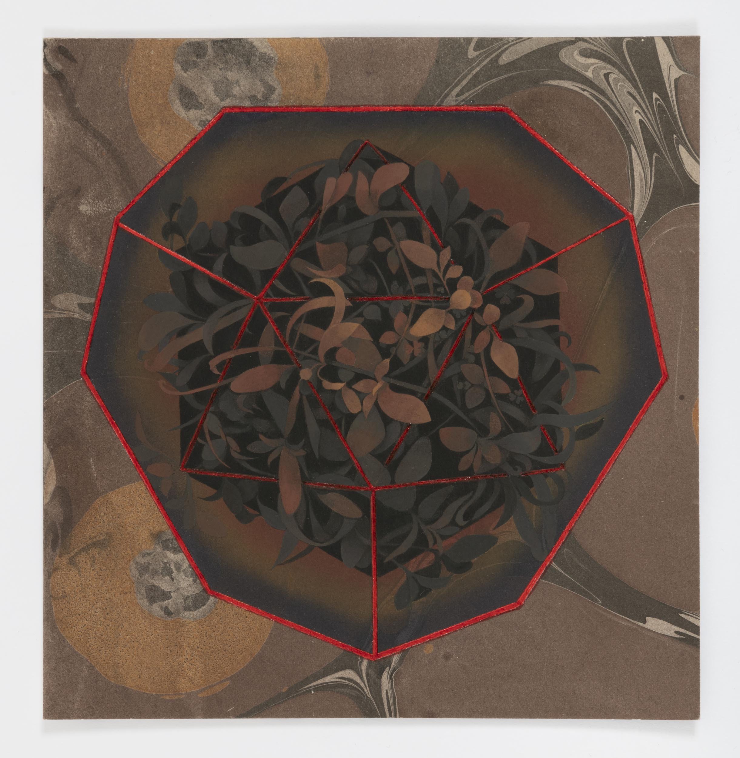  Mirrored Hexagon 2, 2021 gouache with toned aluminum leaf on paper 8½ x 8¼ in. &nbsp; 21.59x 21 cm. 