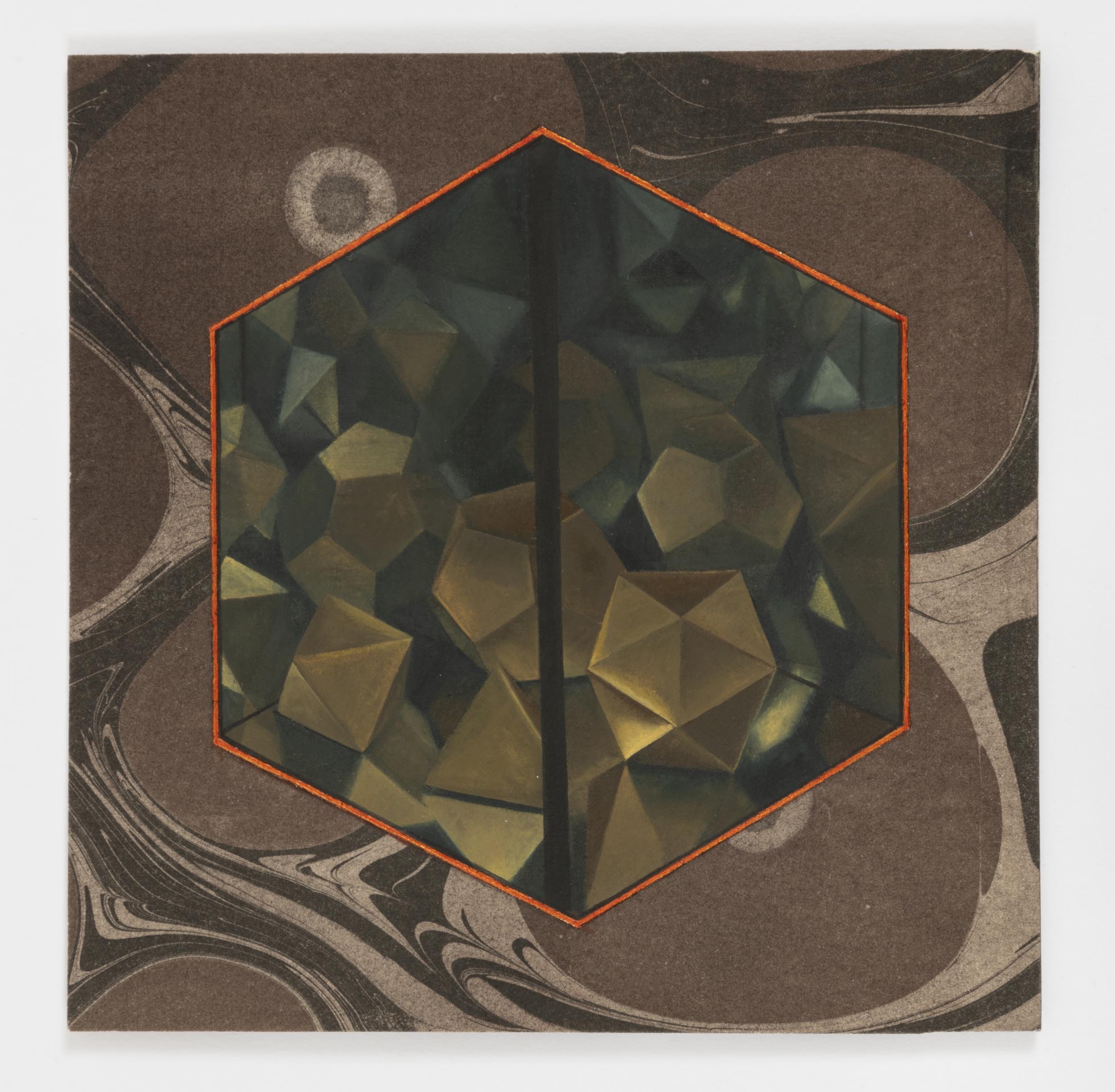  Mirrored Cube 1, 2021 gouache with toned aluminum leaf on paper 7 x 7 in. &nbsp; 18 x 18 cm. 