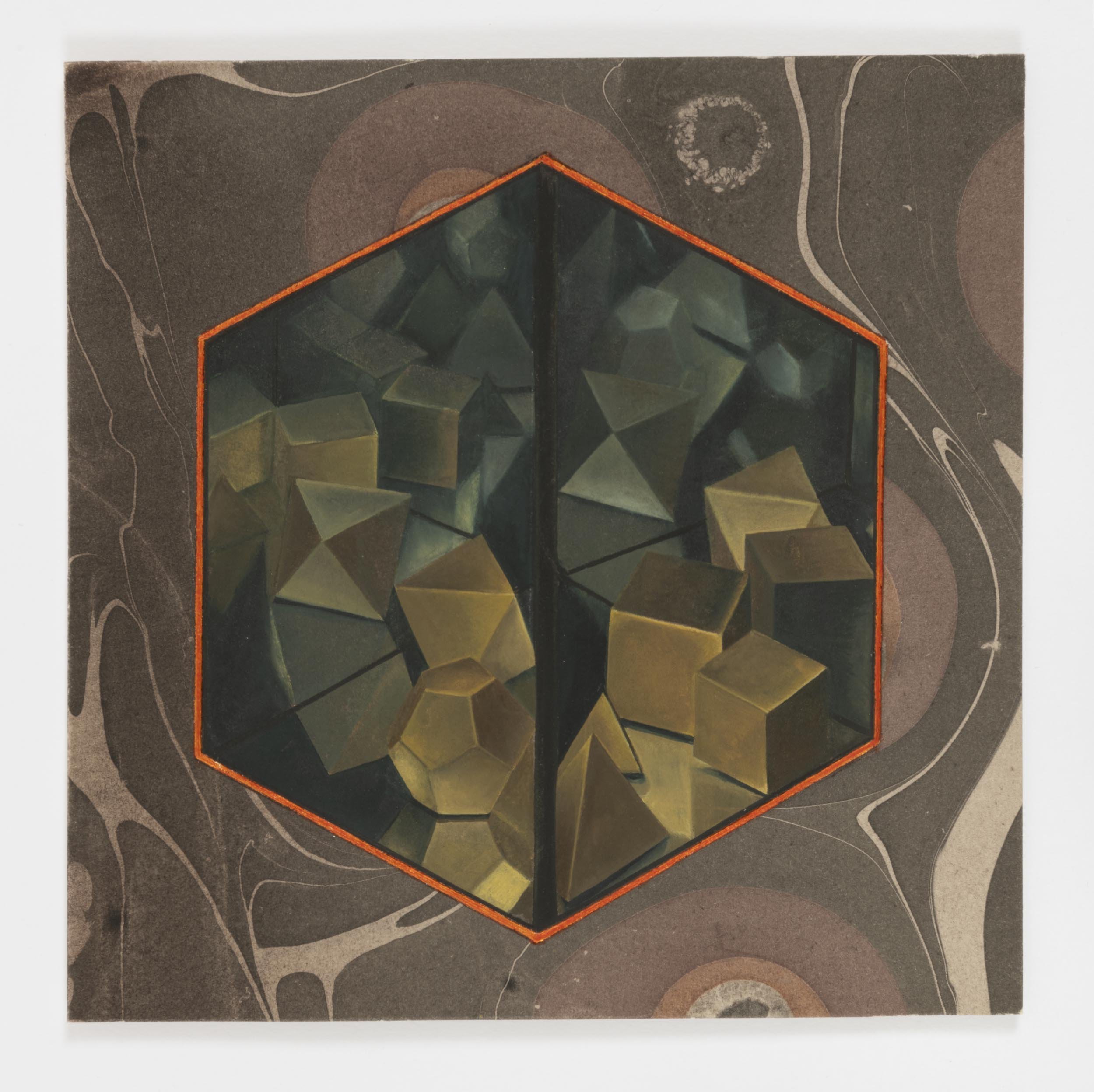   Mirrored Cube 2, 2021 gouache with toned aluminum leaf on paper 7 x 7 in. &nbsp; 18 x 18 cm.  