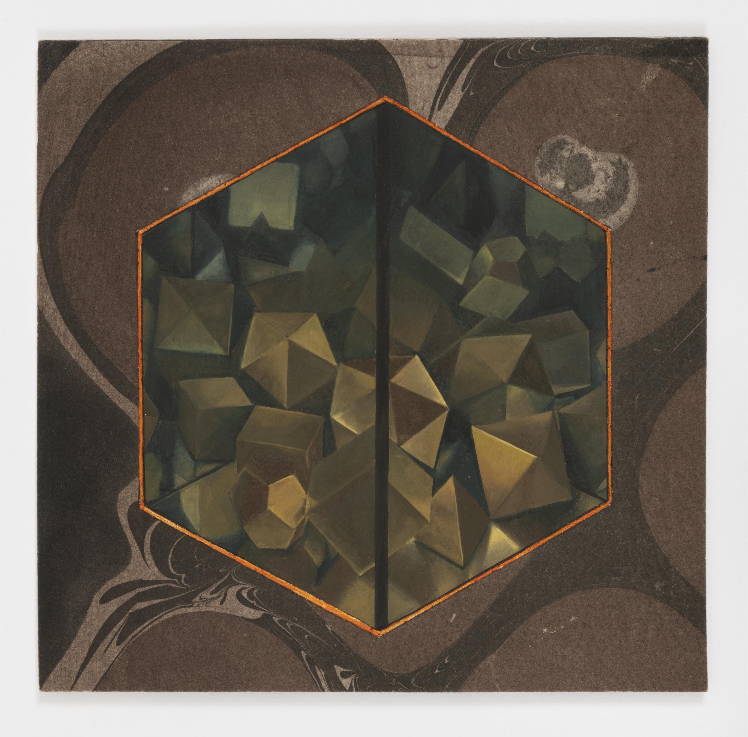  Mirrored Cube 3, 2021 gouache with toned aluminum leaf on paper 7 x 7 in. &nbsp; 18 x 18 cm. 