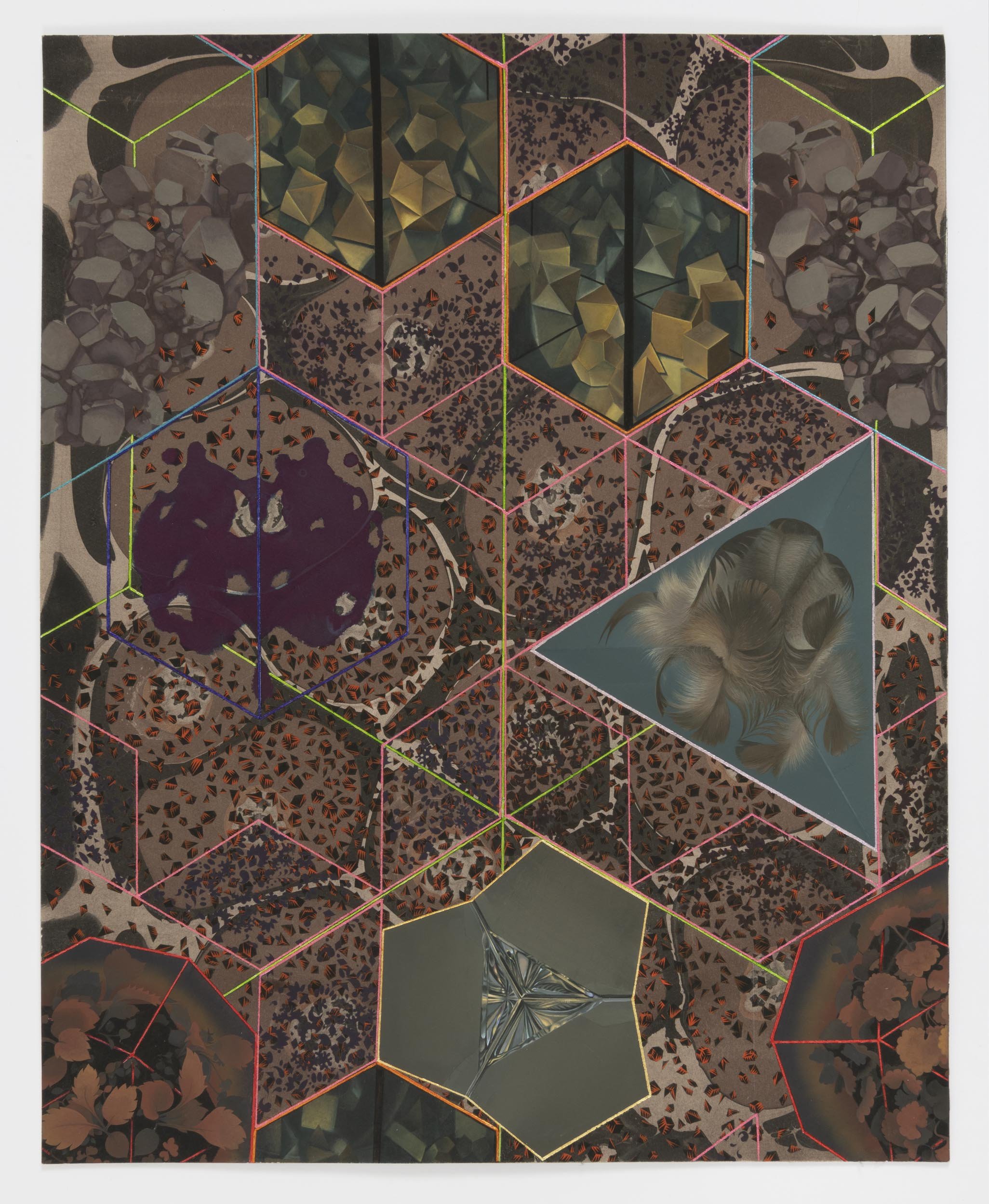  Attempts At Self Organization 8, 2021 Gouache with dyed silver leaf, toned aluminum leaf, copper leaf, gold leaf, and palladium leaf on paper 22¼ x 18⅛ in. &nbsp; 56.52 x 46.04 cm. 