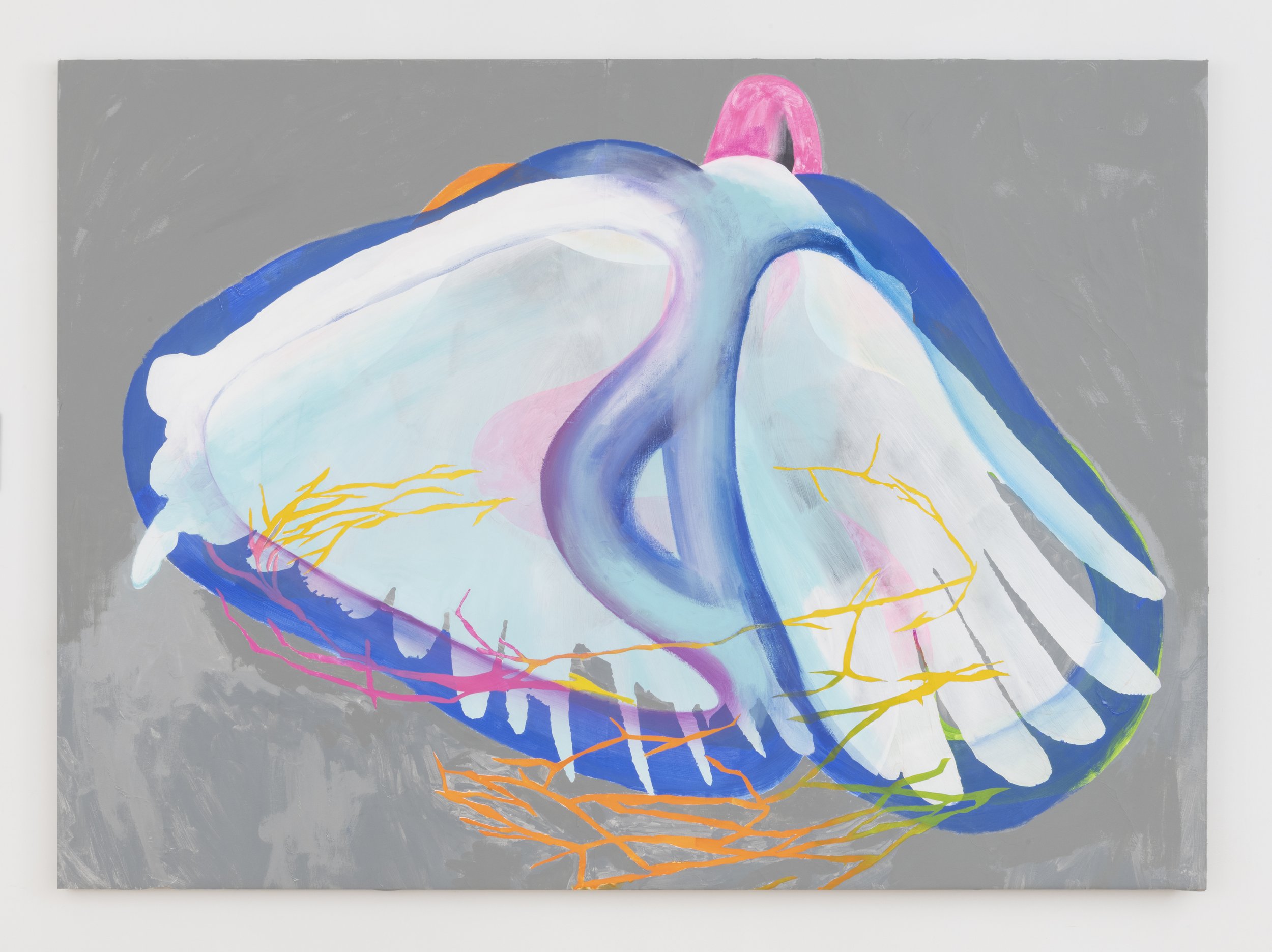   Winged Helix,  2023 acrylic, marble dust, vinyl collage on linen 50 x 70 in. &nbsp; 127 x 177.8 cm 