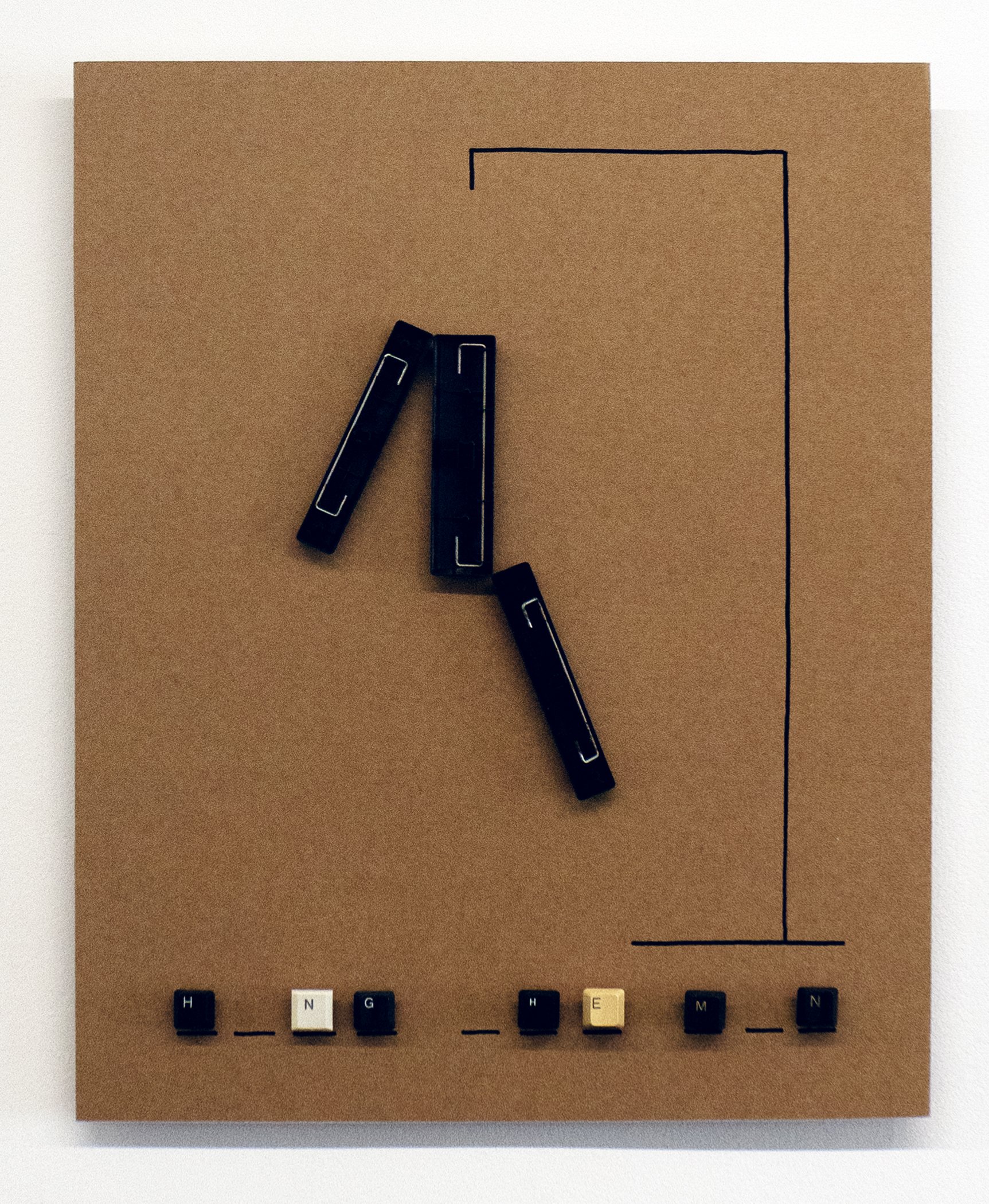   Maryam Jafri   Hang The Man  unique 2024 Computer keys, cardboard mounted on alu-dibond 15 x 19 x 1.5 in. &nbsp; 38.1 x 48.26 x 3.81 cm MJA0105     