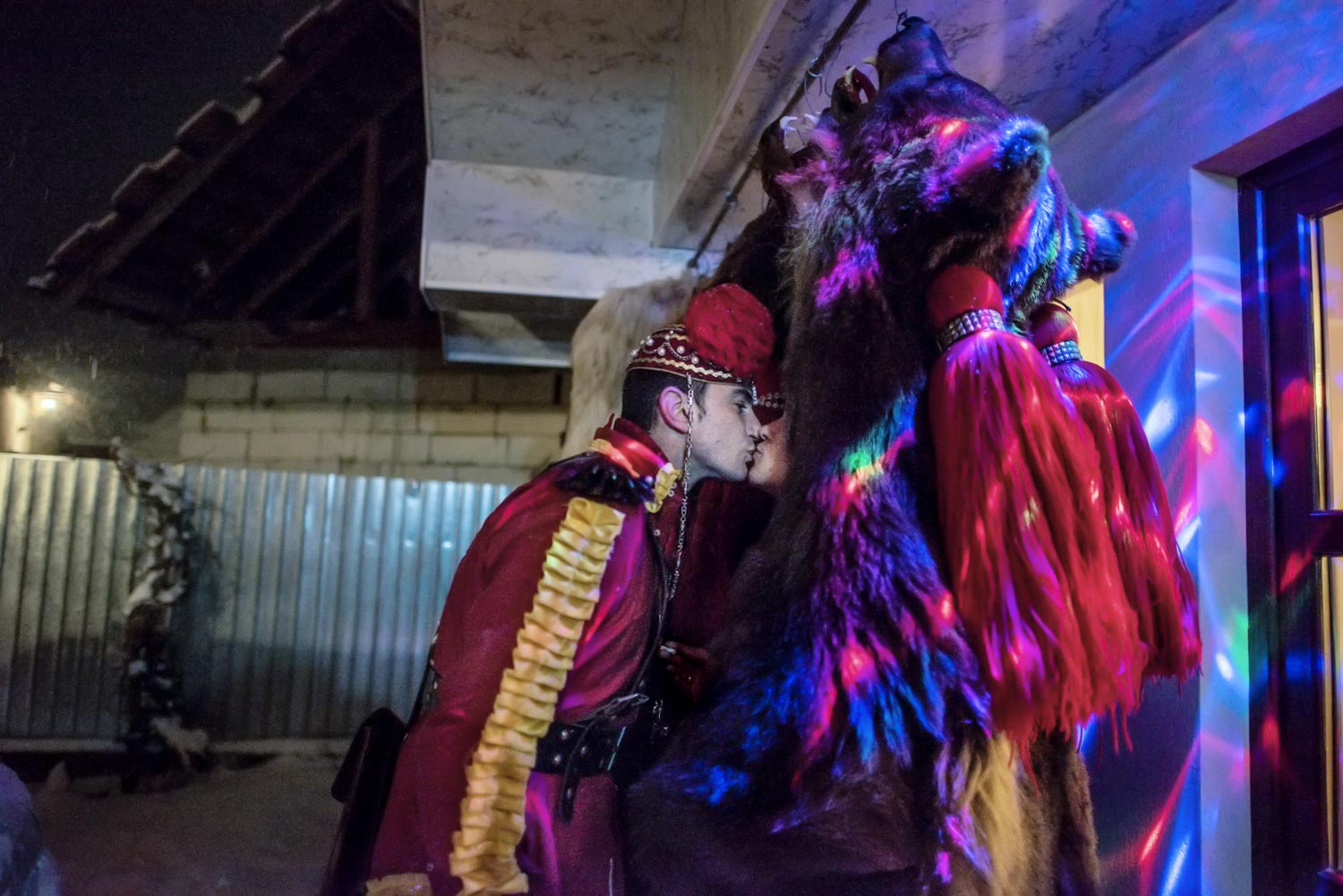  The 'bear tamer,' Gabriel Hanganu, sneaks a kiss from his fiancée, Anca, who has been waiting for him on Toloacă's porch, huddled for warmth in between bear skins hung up at the end of each night. December 28, 2014. Laloaia village, Bacău county, Ro
