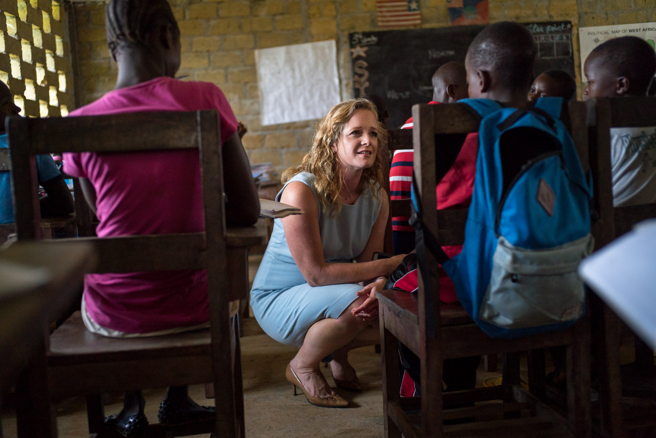 Shannon May, founder of Bridge International Academies, at one of her schools in TK Plantation, a rural community outside of Monrovia, Liberia. September 26, 2016. TK Plantation, Liberia.&nbsp; 