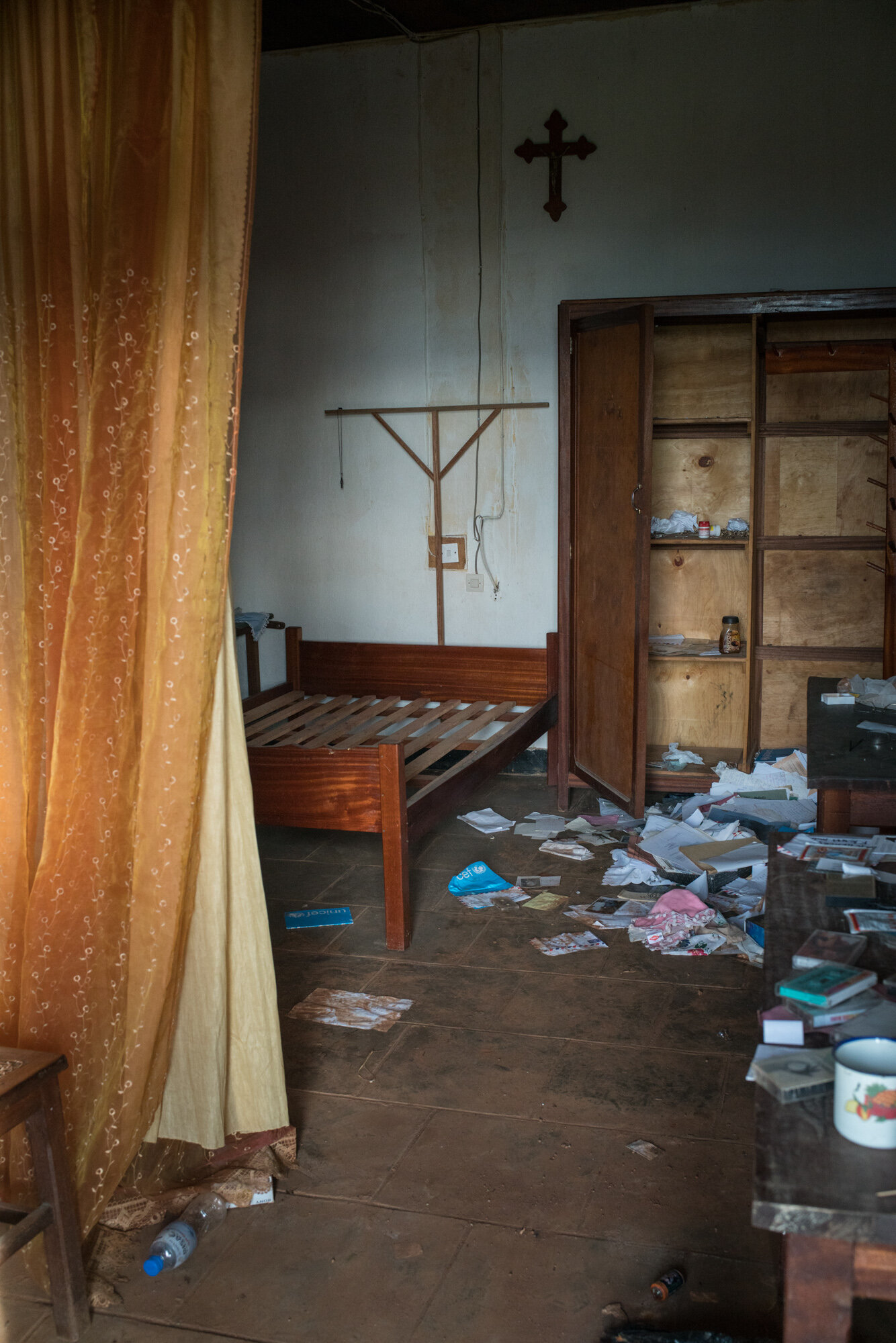  The ransacked priest's chamber in the cathedral in Lita, a town deserted and in ruins after it was attacked on March 4, 2018. Next door, behind the school, the Uruguyan batallion of the UN peacekeeping mission to the DRC (MONUSCO) have built a small