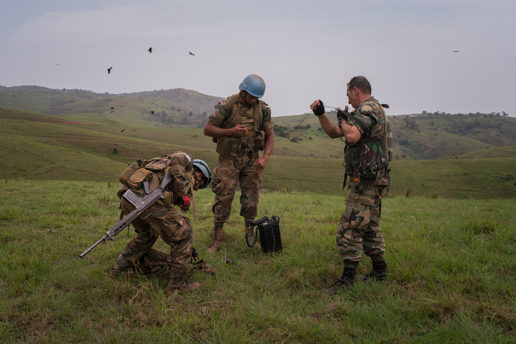  Soldiers from the Uruguyan forces of MONUSCO, the UN peacekeeping mission in the DRC, stops at Logo to try to make a radio call to 16 fellow soldiers who have gone missing for over 24 hours on a mission to reach Joo, one of the villages on the remot