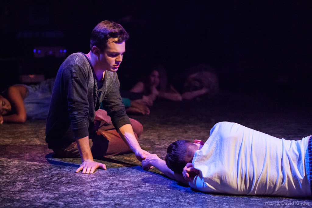 Christopher James as Saul and Jacob Orr as Davin with members of The Trapped in Arm's Length