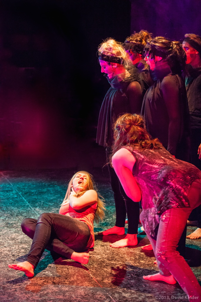 Amber Kiara Mitchell as Vea and Jessica Tidd as Tess with members of The Fire in Statue