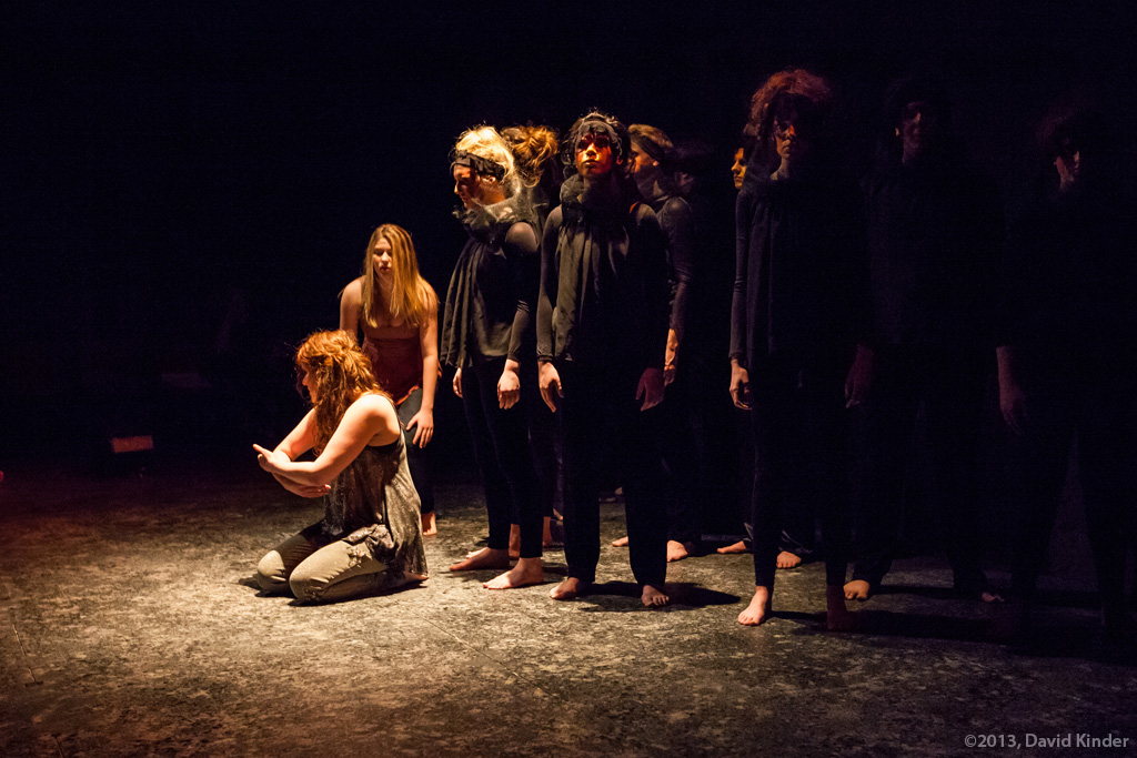 Amber Kiara Mitchell as Vea and Jessica Tidd as Tess with members of The Fire in Lullaby