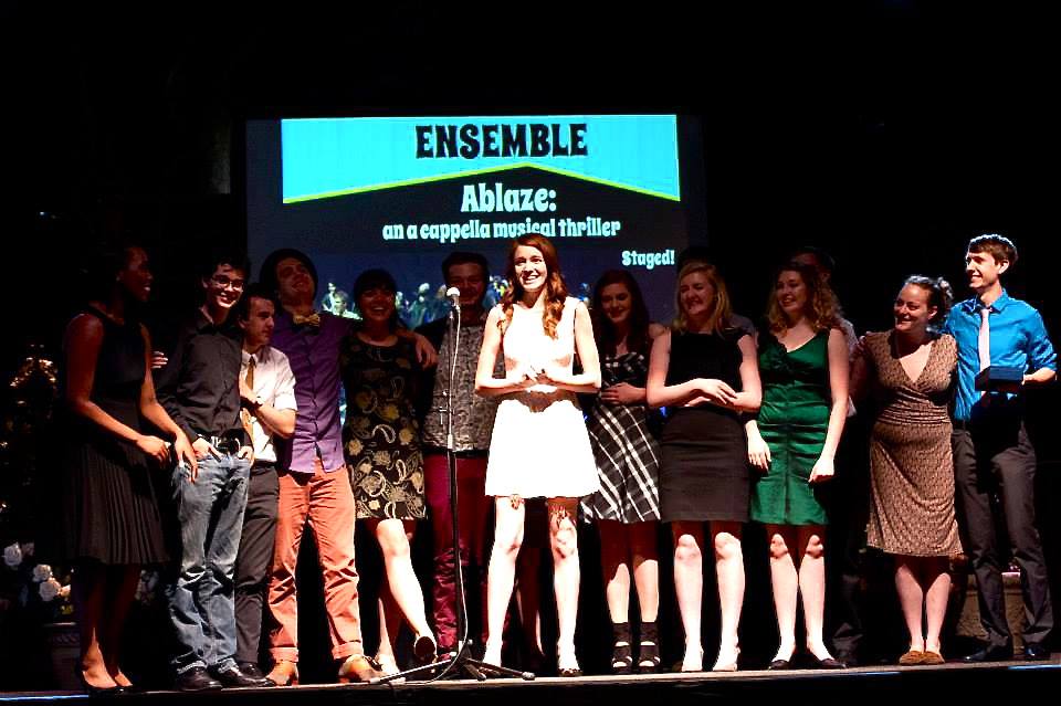 The Ablaze Cast accepting their award for Outstanding Ensemble at the 2013 Drammy Ceremony 