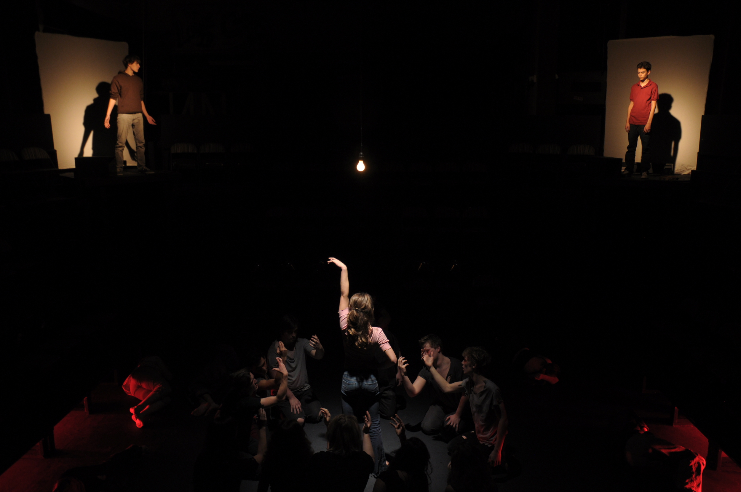 Colin Scannell as Ben, Daniel Crumrine as Zeek, and Anna Breuer as Vea with members of The Fire and The Trapped in Object