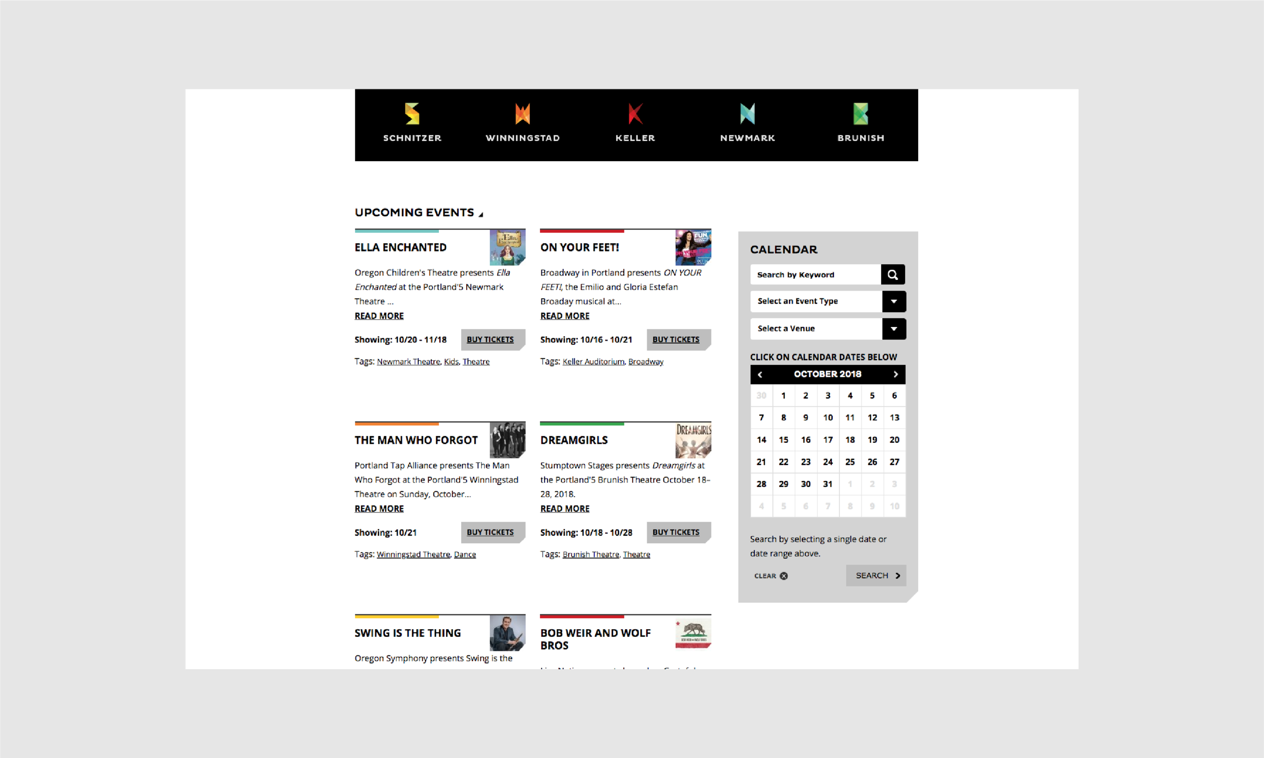 The second path for users to connect with events within the homepage is a running list of upcoming events which are easily distinguishable by utilizing the color coding from the venues. The third path is the calendar and search bar on the right side of the page which allows for a more refined and filtered path to events.