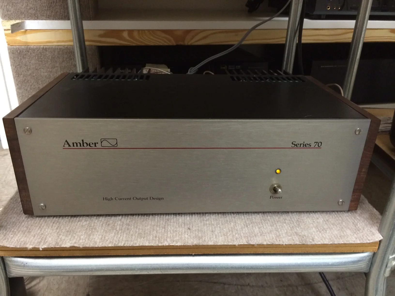 Amber - Series 70 - Amplifier - ***NICE*** 375.00 Very nice, very rare Amber Series 70 amplifier. Recently cleaned and serviced by a professional technician. Everything works and sounds great. 30 day warranty!!! The Amber Series 70 power amps are rated at either 70 watts per channel in stereo mode or 200 watts mono in bridged mode into 8 ohms. (300 watts into 4 ohms and 600 watts into 2 ohms). These power amps will drive all types of loudspeakers without strain as each has very large power supply reserves (72,000mF), heavy duty output stage and NO current limiting circuitry. Call us at 512.453.0722