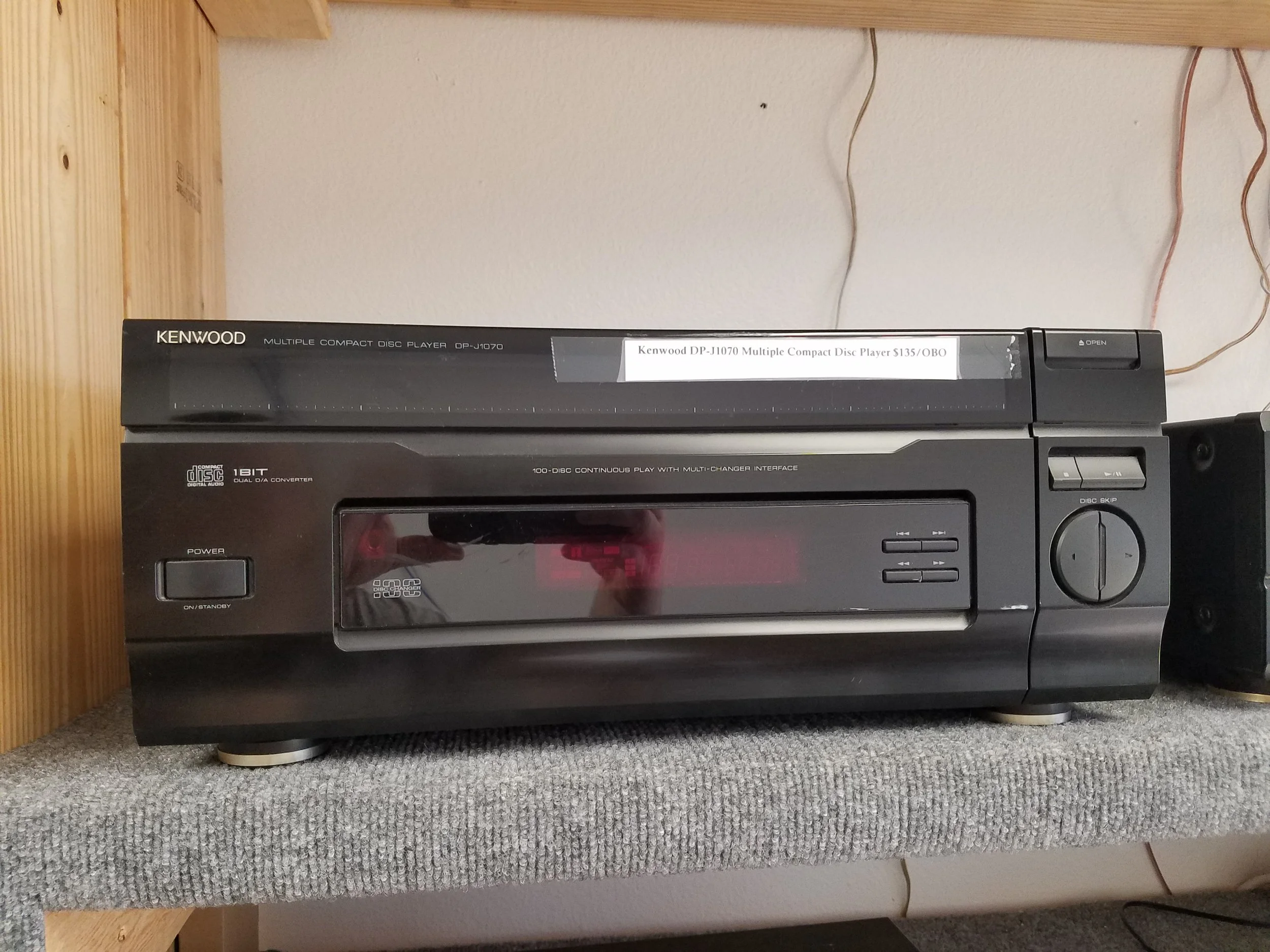 Kenwood 100 CD changer - DP-J1070 - 150.00 Used SPECIFICATIONS Disc format: CD (100 disc multi play) Digital converter: 1-bit, 8 x oversampling Frequency response: 4Hz to 20kHz Dynamic range: 95dB Signal to Noise Ratio: 98dB Channel separation: 85dB Total harmonic distortion: 0.005% Line output: 2V Dimensions: 440 x 185 x 415mm Weight: 10.8kg