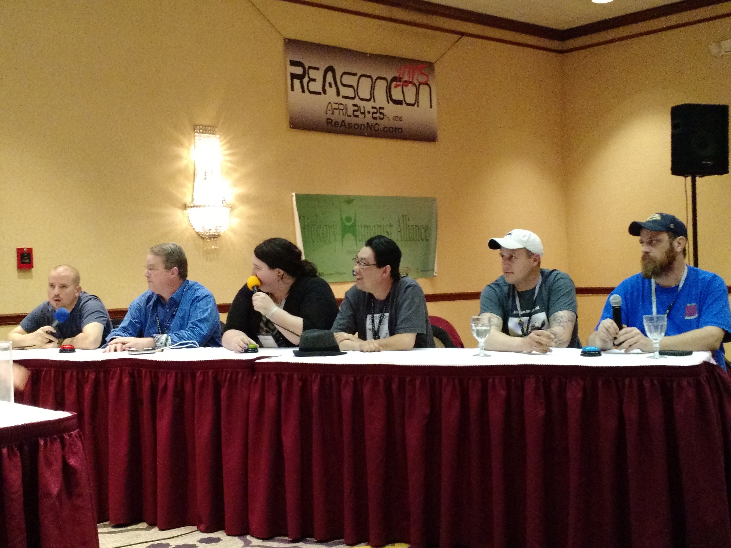 Left to Right: David Smalley @ davidcsmalley , Phil Ferguson @ skepticmoney , Callie Wright @ gaytheistcallie , Andrew Garber, Matt atheism101podcast.com , Chris @ SeethinHeathen