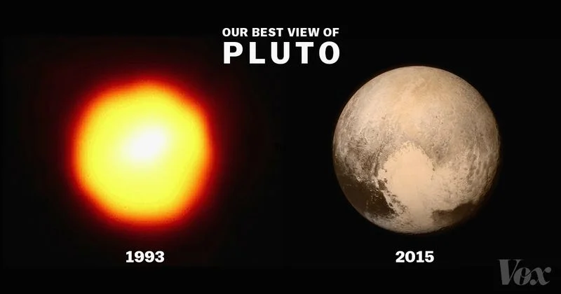 To sum up how far we have come, the fine folks at VOX lined up these images, the one on the left is the earliest photo from Hubble, maybe before it got its glasses. 