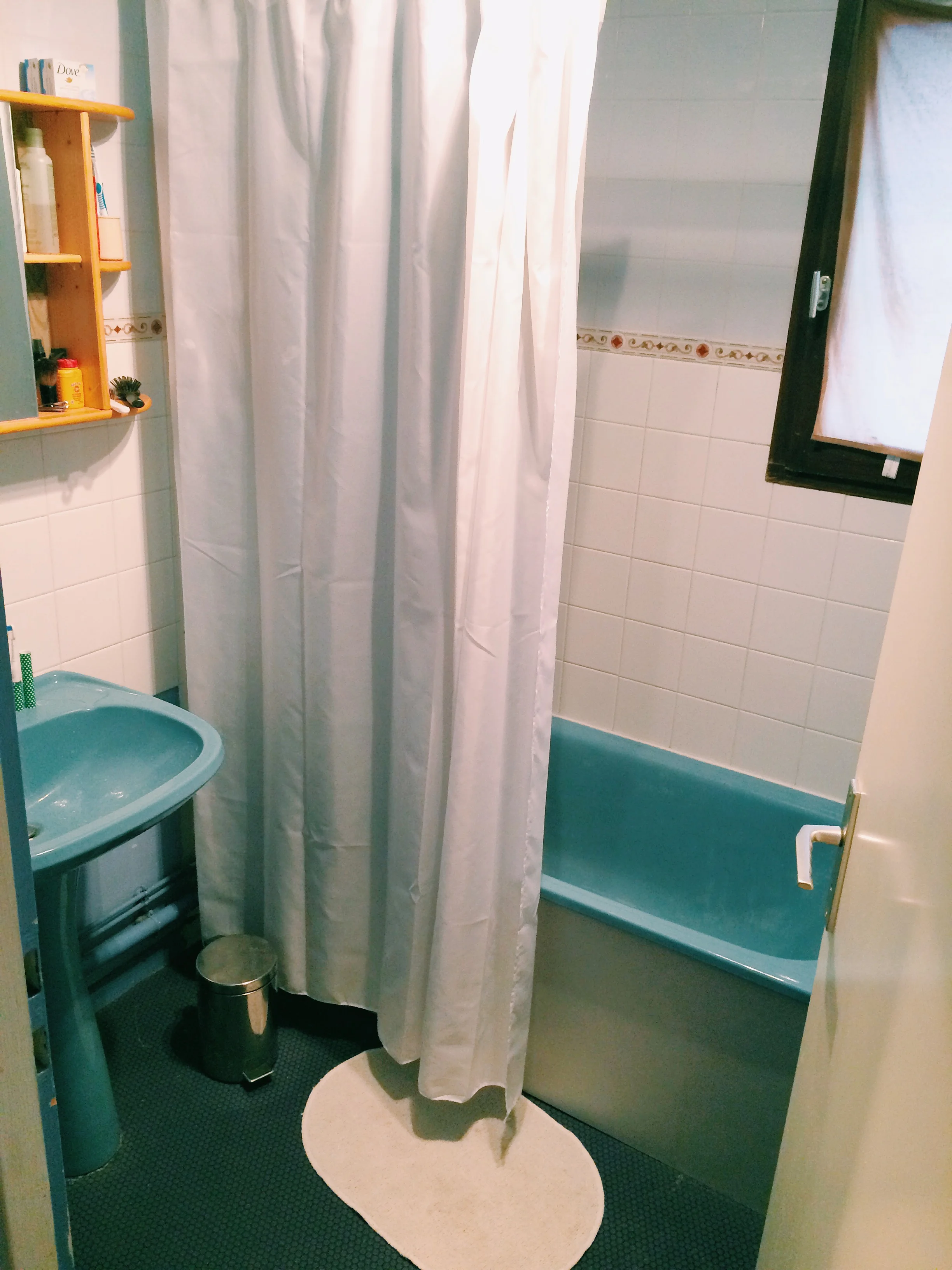 The salle de bain (bathroom) literally, because the toilet is in it's own little room next door. :) And yes, it's blue as well.