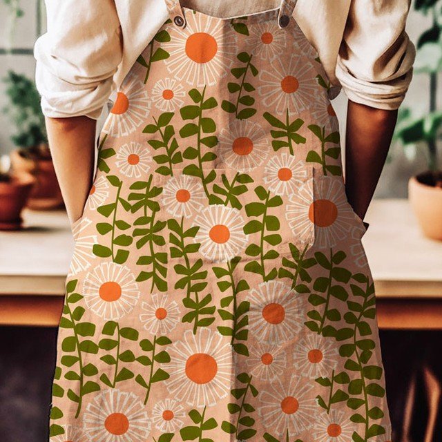 Here is my Daisies in Peach Fuzz applied to an apron. What a cute gardening accessory. I'd definitely wear this out in the garden while trimming flowers.⁣
This design is available for licensing and currently as fabric on my Spoonflower shop. ⁣
:⁣
#Pe