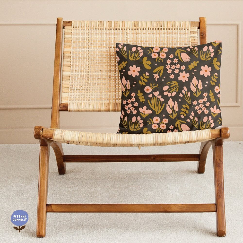 The hero print from the Floral Medley Collection brings such a lovely pop of charm and warmth to this simple chair.

If you love it, you can shop it now on Spoonflower.com&mdash;available as fabric, bedding, and even finished decor items like this cu