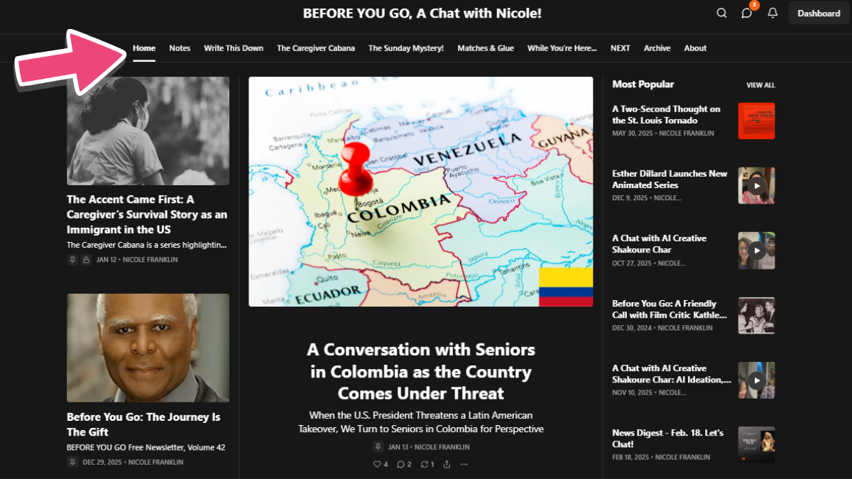An arrow pointing to the menu area of the Before You Go online publication