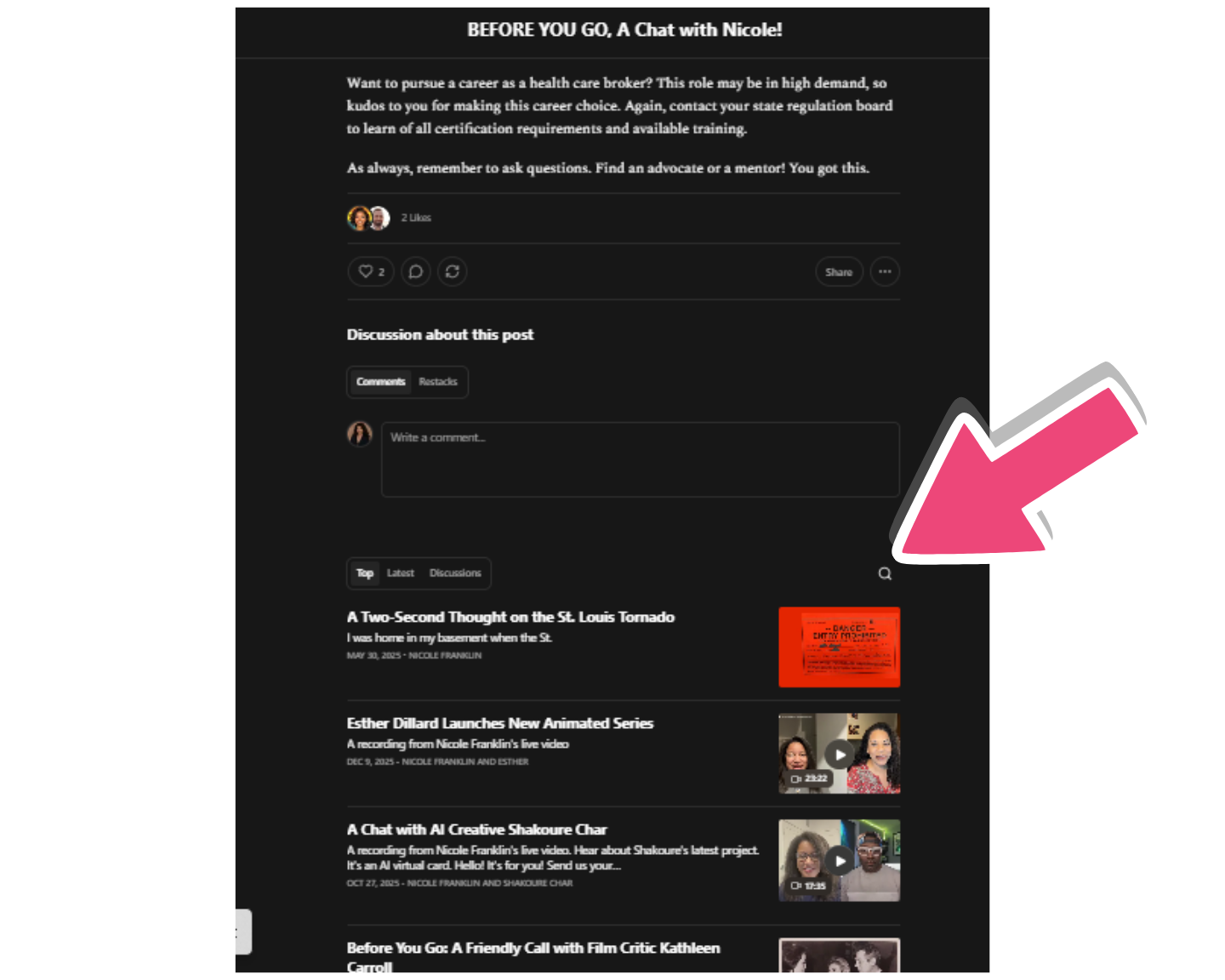 Arrow pointing to the bottom of an article on the publication