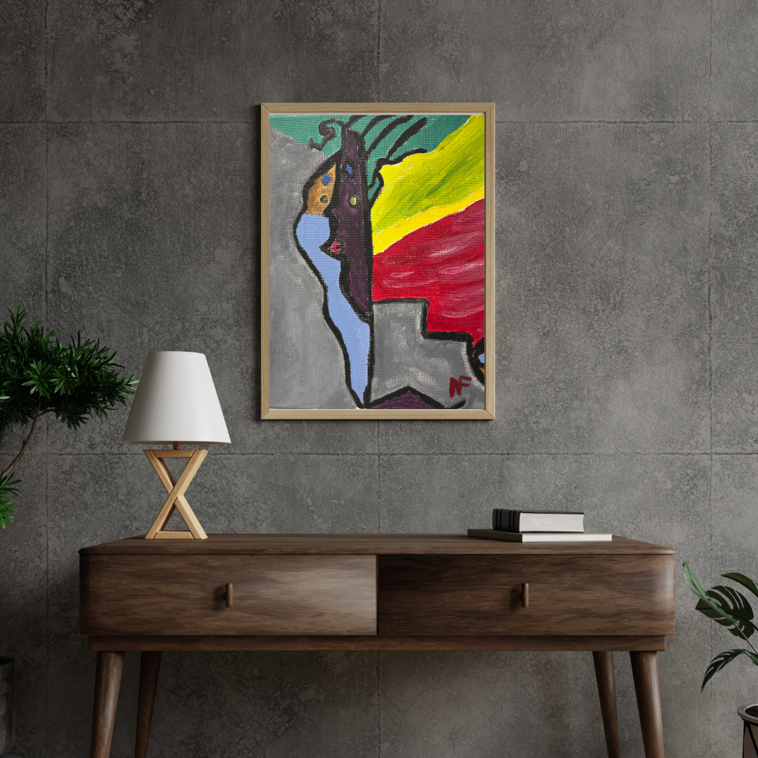 Painting on grey wall over desk