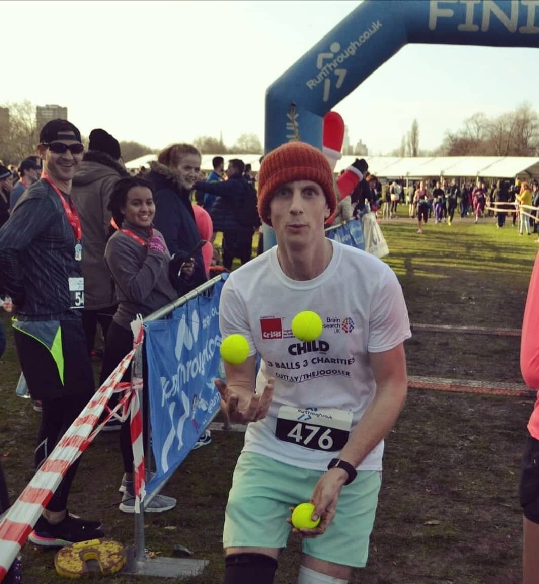 I finished the half marathon in 1hr48 (juggling the whole way) I was the only 'joggler' but finished 316/724 which is pretty legit. In training I juggled the equivalent distance from London to Coventry. If you have a spare couple of quid it would be 