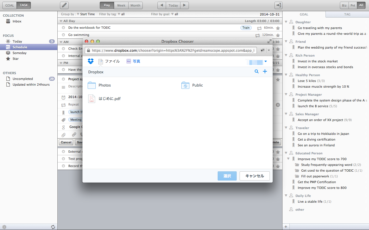 The window to select an file in your Dropbox account.