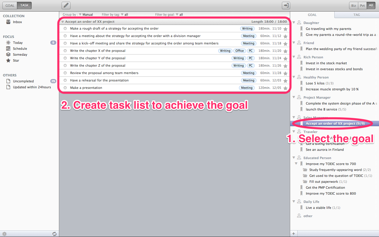 Task design: You create the necessary tasks for the goal. The most important thing is to create all necessary tasks to achieve the goal. I recommend you to create folders to organize tasks, if you have a lot of tasks. You only have to set a date to each task loosely in this step.