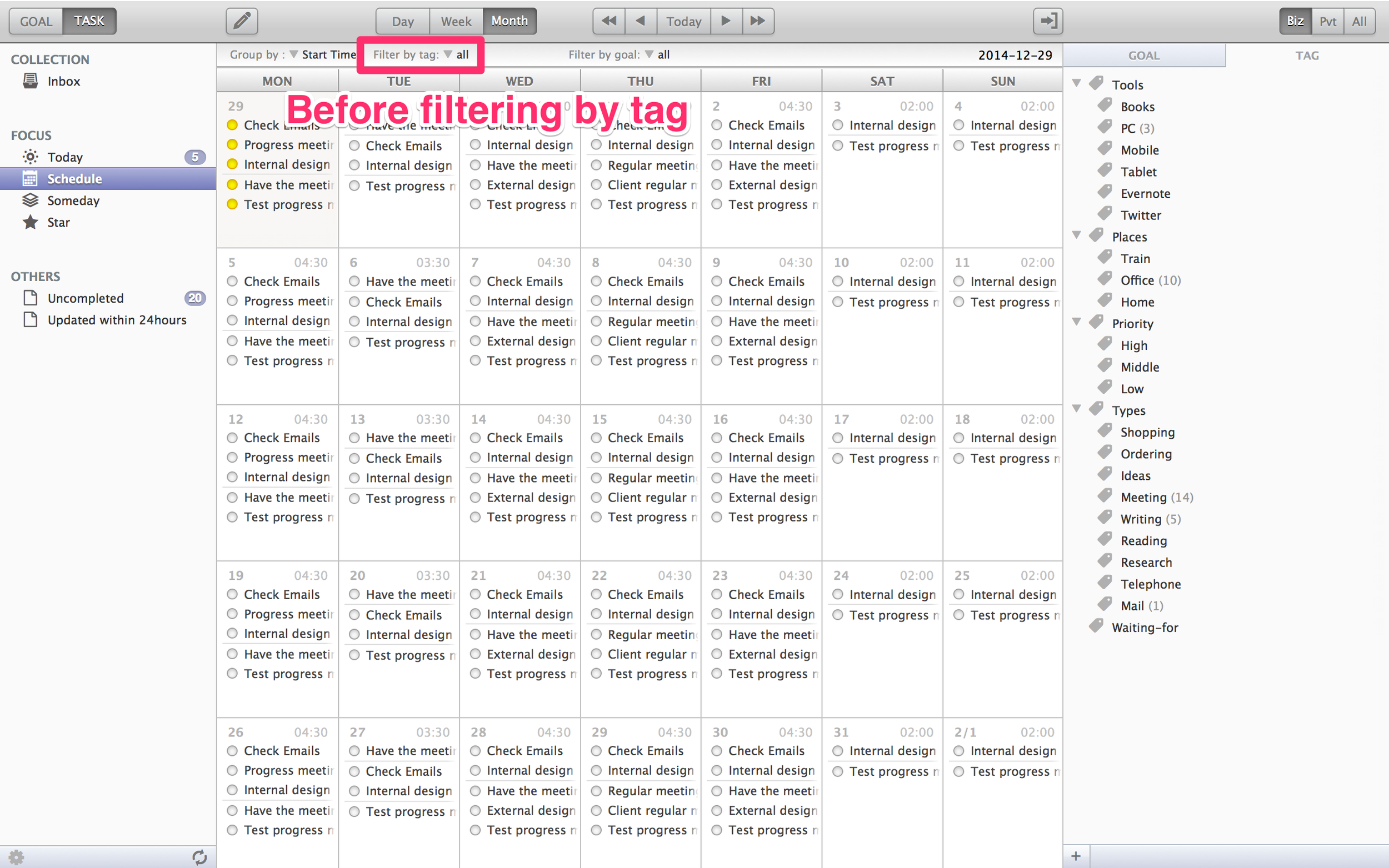 Before filtering : All the tasks are displayed.