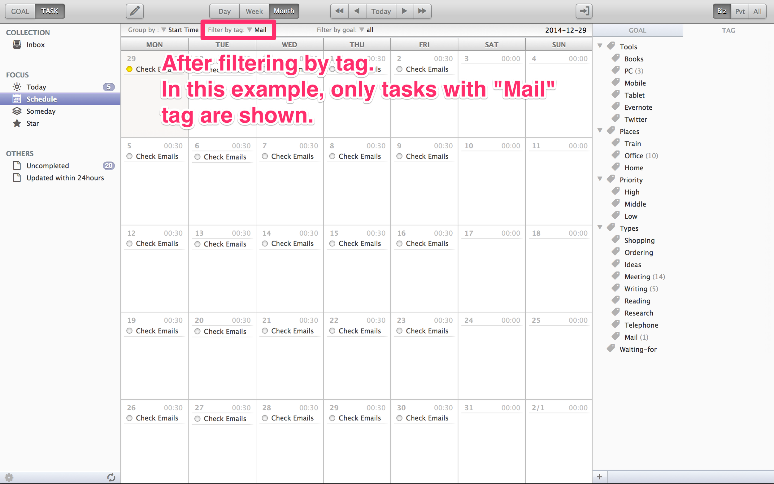 After filtering : Only tasks with the selected tag are displayed.