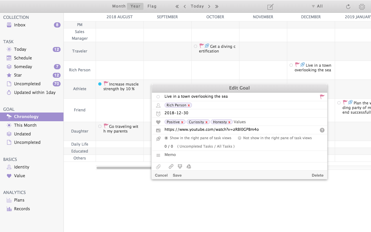 The one-year plan Tips : By clicking the flag icon in the right side of the goal title, the goal is displayed in the multi-year plan view("Flag" view).