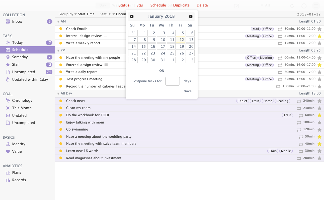 The ways of updating the date of multi tasks are as follows. 1. Set the date (e.g. set the date of selected tasks to 3 Dec.) 2. Postpone tasks for certain days (e.g. postpone selected tasks for 3 days.) 