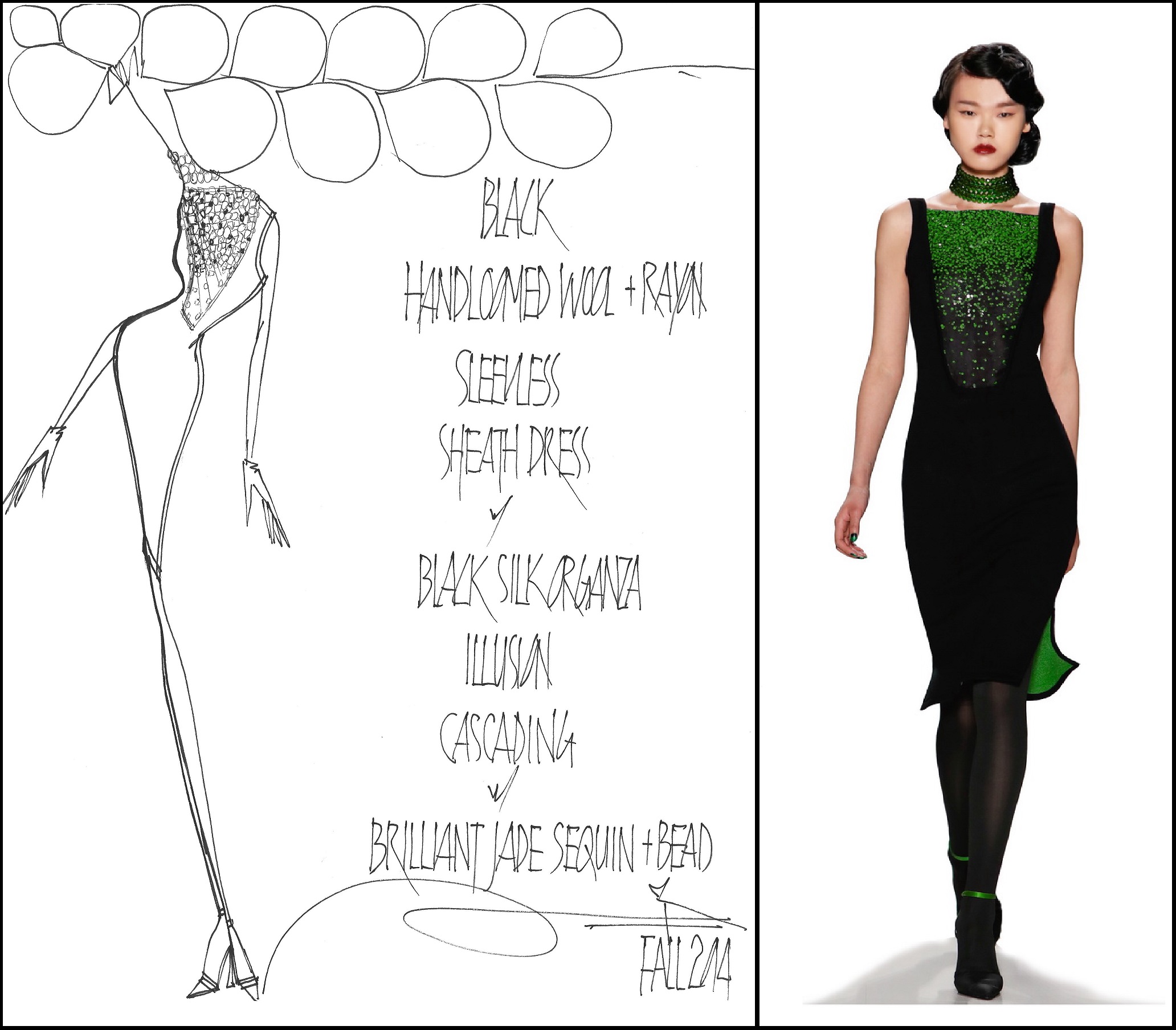 Here's a sample Zang sketch and the stunning dress the resulted from it. Fall 2014 season.