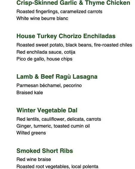 A look at this week&rsquo;s personal chef meal delivery menu.

Each week we prepare a small batch of fully cooked meals designed to make weeknight dinners easier &mdash; thoughtful ingredients, balanced dishes, and food that reheats beautifully at ho